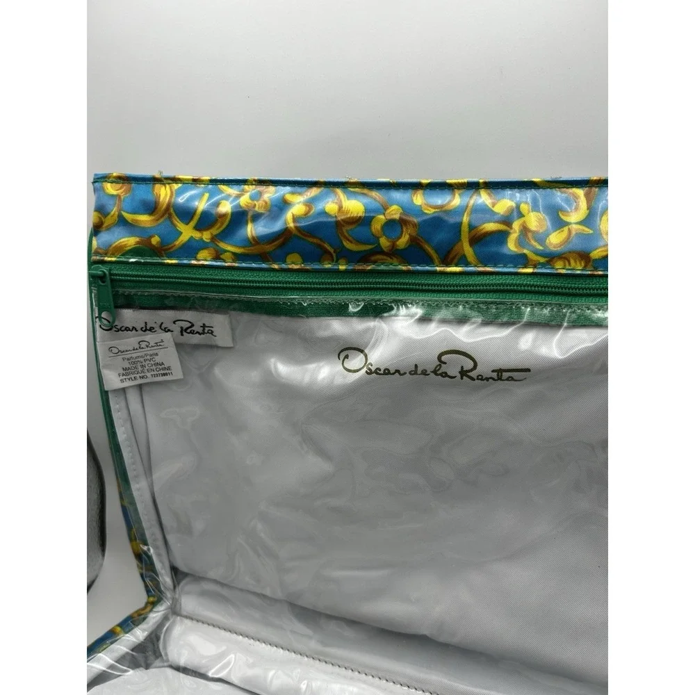 Vintage 90s Oscar de la Renta Blue Gold PVC Cosmetic Make Up Travel Bag